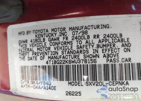 1998 Toyota Camry Le из США, поврежденный, VIN 4T1BG22K6WU378156